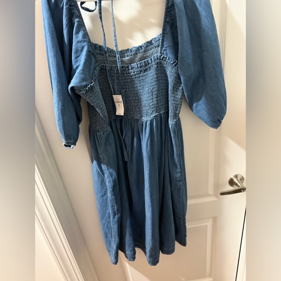 NWT Gap Cotton puff sleeve smocked denim boho y2k Cottagecore mini dress XLT - Picture 4 of 8